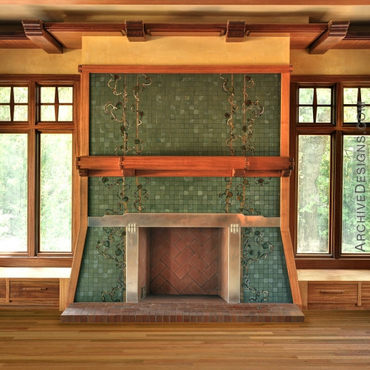 Stainless surround in Greene & Greene styled fireplace, by Archive Designs